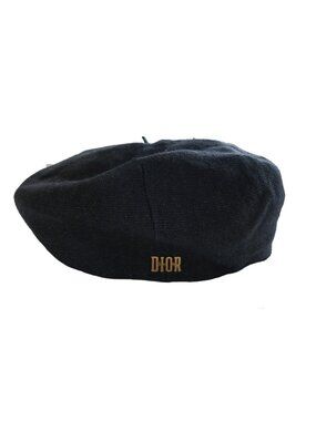 CHRISTIAN DIOR Black Linen Gold Badge Logo French Hat Beret